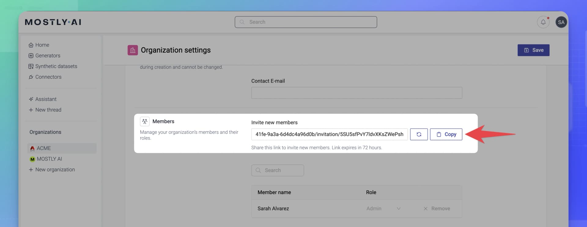 Invite members to an organization - 02 - Copy invite link